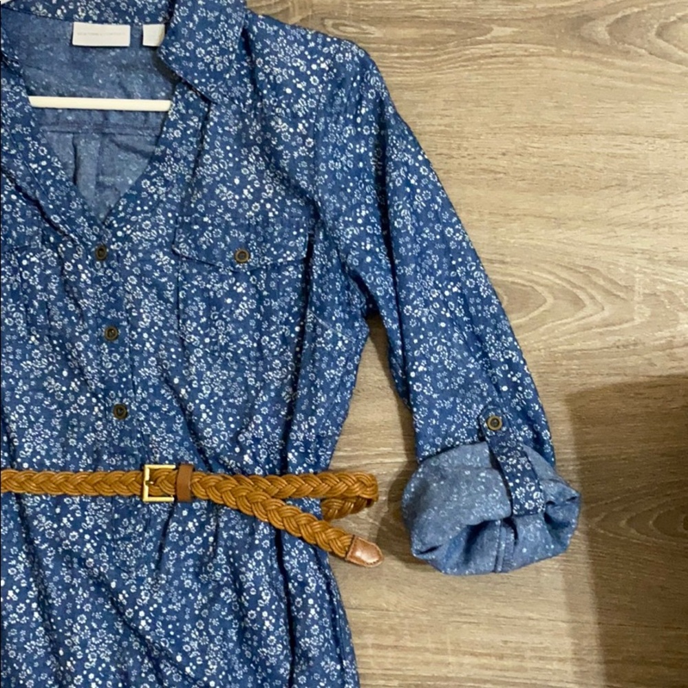 Blue long sleeve dress with white flowers, size M